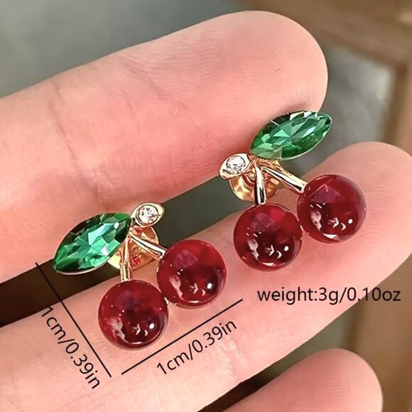 Cherry Rhinestone Earrings Fun Sylish Bomb Cherries Sexy Sparkle Glam Y2K Fruit - Picture 4 of 4